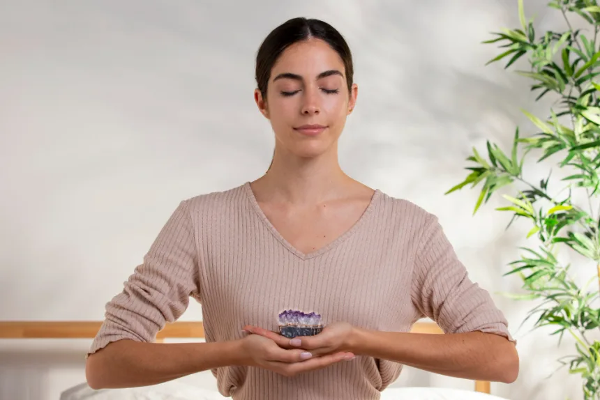 A woman practicing transcendental meditation